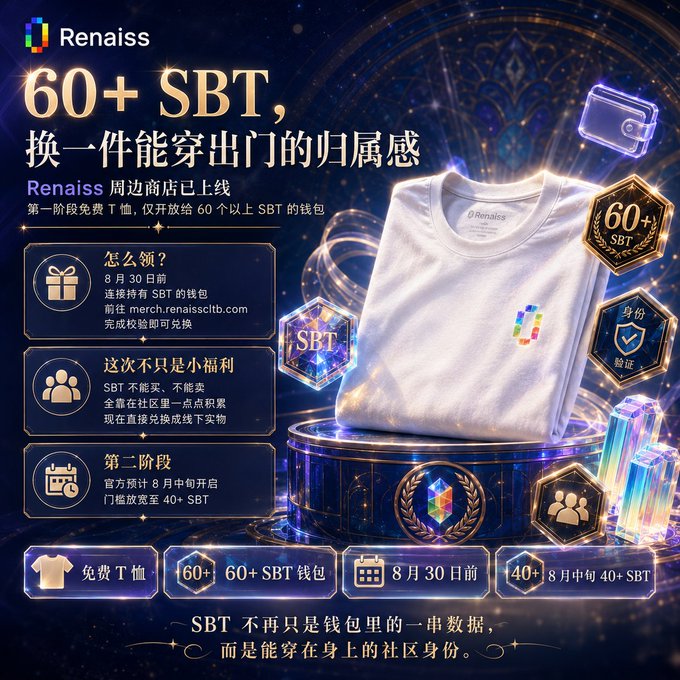 Promotional graphic for 'Renaiss' featuring a white t-shirt, advertising '60+ SBT' and offering free t-shirts to those holding SBT wallets, with details about phases and redemption at merch.renaisscltb.com.
