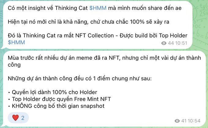 Vietnamese-language Telegram messages discussing insights about 'Thinking Cat $HMM' NFT Collection being built by Top Holders, noting successful meme NFT projects give 100% benefits to holders and offer Top Holders Free Mint NFTs without announcing snapshot time.