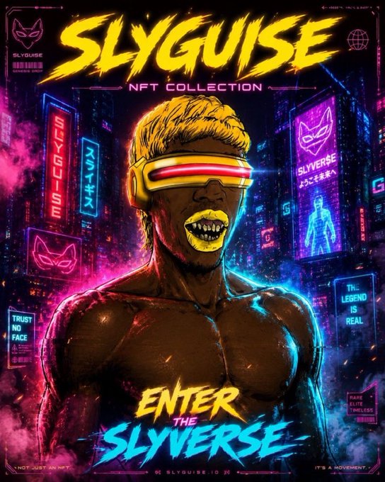 A vibrant NFT promotional poster features a muscular figure with blonde hair, yellow lips, and neon visor sunglasses, with text reading 'SLYGUISE NFT COLLECTION' and 'ENTER THE SLYVERSE'.