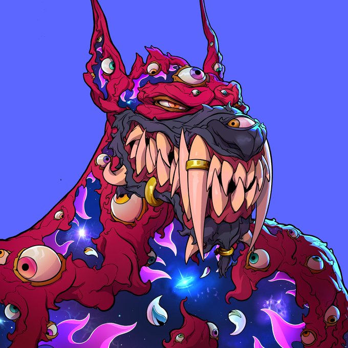 A vibrant, monstrous creature with sharp fangs, multiple eyes, and a cosmic pink-and-purple body is depicted against a deep blue background, perfectly capturing the otherworldly, mutant aesthetic of the Mutant Cartel NFT collection. The menacing, eye-covered beast embodies the fierce, edgy style the artist is celebrating in their new collection piece.