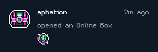 A notification from user 'aphation' indicating they 'opened an Online Box' 2 minutes ago, featuring a pixel-art avatar and a green orb item.