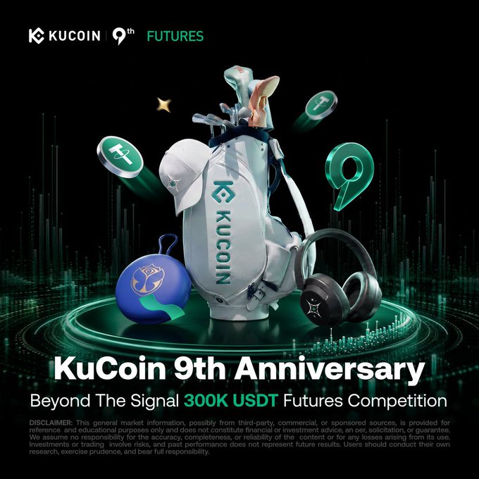 A promotional graphic for 'KuCoin 9th Anniversary' featuring a golf bag, KuCoin-branded items, a bull figure, and text for a '300K USDT Futures Competition'.