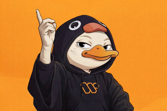 The image features a cartoon duck wearing a hoodie, standing against an orange background with its arms raised up in the air. The duck has a funny expression on its face, giving off a playful vibe. There are no texts or other objects present in the image, and it does not contain any specific information about the post or the context of the conversation.