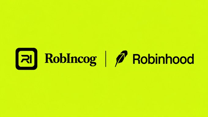 The image displays the logos of "RobIncog" and "Robinhood" side by side on a bright yellow-green background, visually announcing a partnership between the two brands. This aligns with the post's announcement of RobIncog's privacy infrastructure launching on Robinhood Chain, featuring features like end-to-end encrypted messaging and ZK identity.