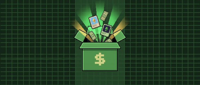 Digital illustration on a green grid background showing a green box marked with a dollar sign, emitting a glow with floating cryptocurrency trading cards (Bitcoin and Ethereum) and cash bills.