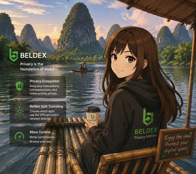 A promotional image for BELDEX VPN featuring an anime-style girl in a black hoodie sitting on a bamboo raft holding a coffee cup, with text promoting 'Privacy is the foundation of Web3' and features like 'BelNet Split Tunneling' and 'More Control'.