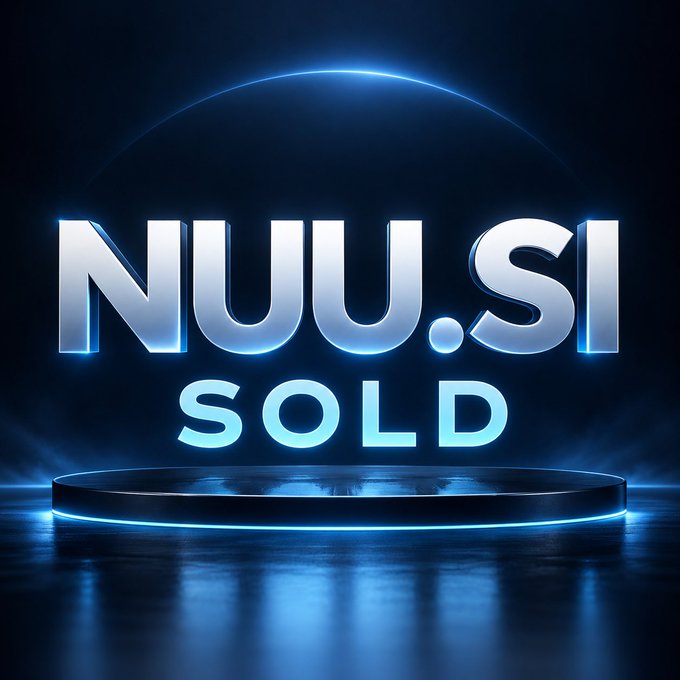 A digital graphic with glowing blue 3D text reading 'NUU.SI SOLD' on a circular illuminated stage against a dark blue background.