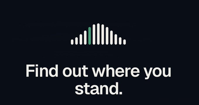 A dark graphic with a green and white audio waveform logo above the text "Find out where you stand."