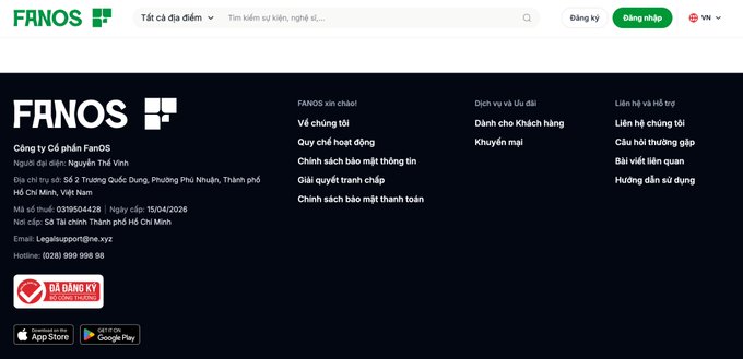 The image shows the footer of the FANOS website, displaying company information for "Công ty Cổ phần FanOS," including their address in Ho Chi Minh City, hotline (028) 999 998 98, and email support@fne.xyz, along with various policy and support links, a "Đã đăng ký" (Registered) badge, and App Store/Google Play download buttons—visually supporting the post's introduction of FANOS as a tech project building the Fanverse ecosystem on blockchain.