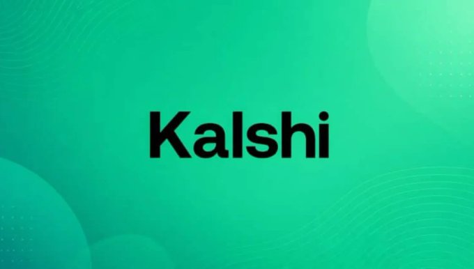 The image displays the "Kalshi" logo in bold black text on a teal-green gradient background with subtle circular and dotted design elements. The branding relates to the post about New York State's lawsuit against Kalshi, which alleges the prediction market is operating as an illegal gambling operation.