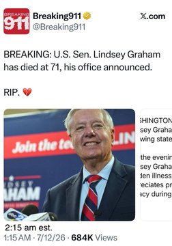 This image is a screenshot of a tweet from Breaking911 announcing the death of U.S. Sen. Lindsey Graham at age 71, which is visually represented by his photo. The accompanying post lists various unrelated topics prefaced by numbers, suggesting a possible agenda or pattern beyond the initial news report.