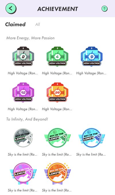 A screenshot of an 'ACHIEVEMENT' page in an app showing 'Claimed' badges organized in categories 'More Energy, More Passion!' (High Voltage badges) and 'To Infinity, And Beyond!' (Sky is the Limit badges).