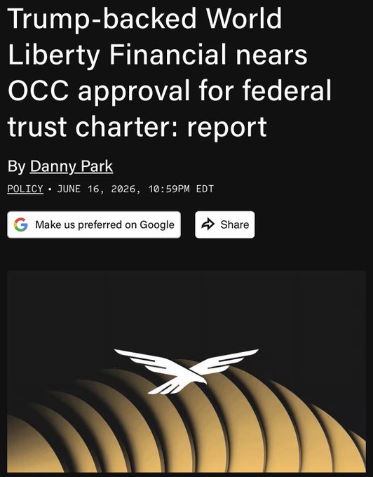 The image shows a post about the Trump-backed World Liberty Financial nears approval for a national trust charter by the OCC. The text in the image appears to be discussing the potential impact of this charter, such as its effects on financial institutions or the broader economy. While there are no specific details provided regarding market prices or stock valuations, it seems that the post is aiming to inform and educate viewers about a significant regulatory development related to financial institutions.