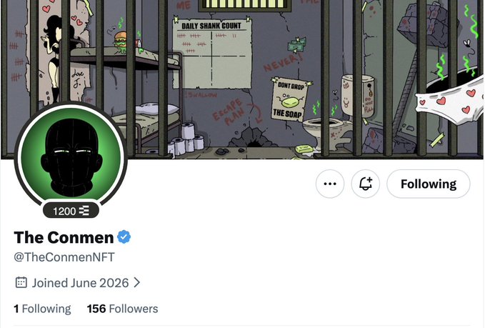 A Twitter/X profile page for 'The Conmen' (@TheConmenNFT) with a verified checkmark, showing 1 Following and 156 Followers, joined June 2026, featuring an avatar of a black silhouette and a banner of a grim prison cell scene.