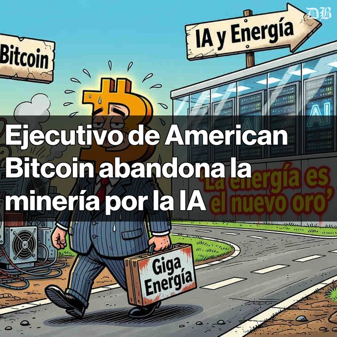 Cartoon illustration of a sweating Bitcoin character in a suit walking away from Bitcoin mining equipment, carrying a briefcase labeled 'Giga Energía' toward a building marked 'IA y Energía', with text overlay reading 'Ejecutivo de American Bitcoin abandona la minería por la IA'.