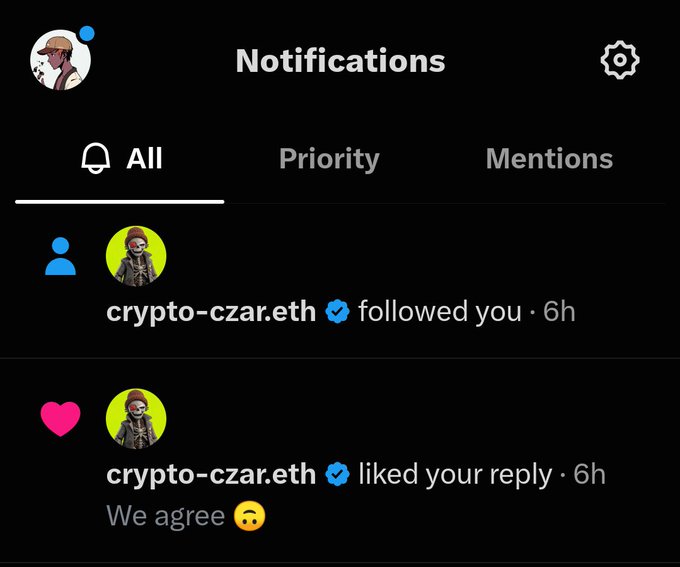A social media notifications screen shows that 'crypto-czar.eth' followed the user and liked their reply saying 'We agree'.