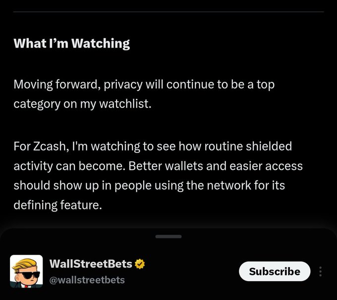A dark-themed social media post titled "What I'm Watching" discussing privacy and Zcash, noting that better wallets and easier access should increase shielded activity, posted by the WallStreetBets (@wallstreetbets) account with a Subscribe button.