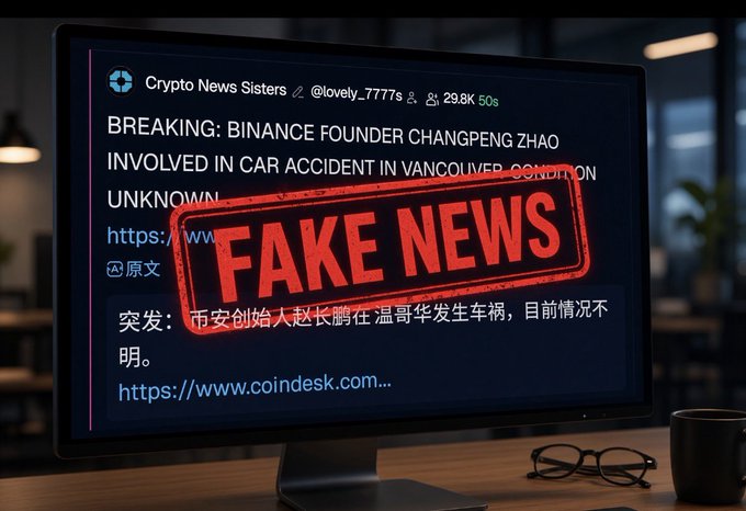 A computer monitor displays a social media post falsely claiming Binance founder Changpeng Zhao was involved in a car accident in Vancouver, stamped with a large red 'FAKE NEWS' watermark and Chinese translation text.