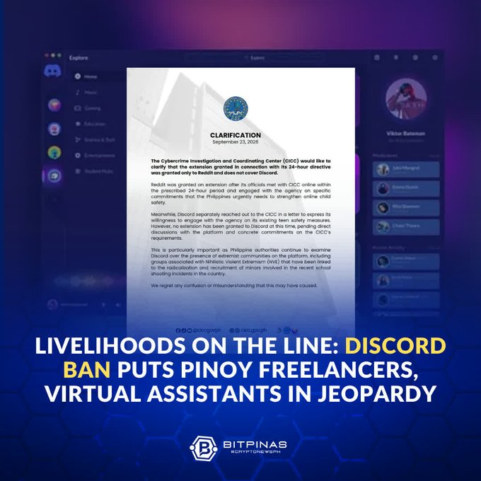 A BitPinas Everything Crypto graphic titled 'LIVELIHOODS ON THE LINE: DISCORD BAN PUTS PINOY FREELANCERS, VIRTUAL ASSISTANTS IN JEOPARDY' shows a clarification document from CICC dated September 23, 2026.
