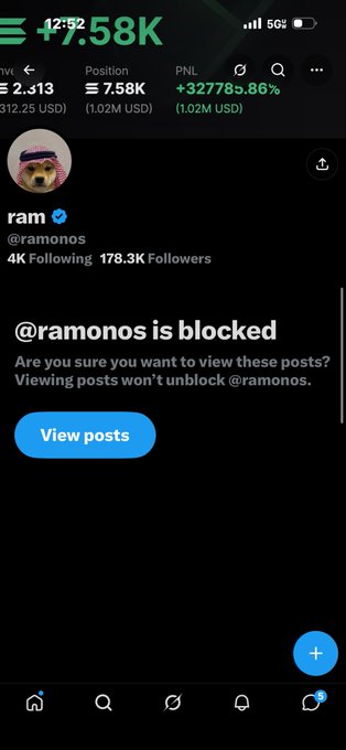 A screenshot of Twitter/X showing the profile of user @ramonos with a notification that '@ramonos is blocked', featuring a cheetah avatar and 178.3K followers.
