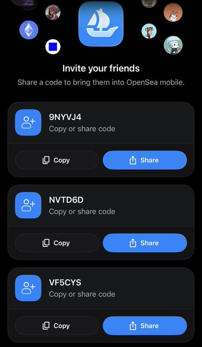 A screenshot of an OpenSea mobile app invite screen displaying referral codes "9NYVJ4", "NVTD6D", and "VF5CYS" with Copy and Share buttons.