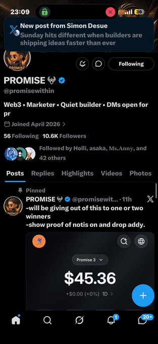 A screenshot of the X profile @promisewithin, a Web3 marketer with 10.6K followers, showing a pinned post announcing a giveaway with a screenshot displaying a Promise 3 portfolio balance of $45.36. The accompanying post shares a Solana wallet address (BakyXRTtW2cdivHrqoENQhSfaMjGLRgDudV8QSBGcKNf) requesting a giveaway win, which aligns with the giveaway being promoted in the pinned tweet.