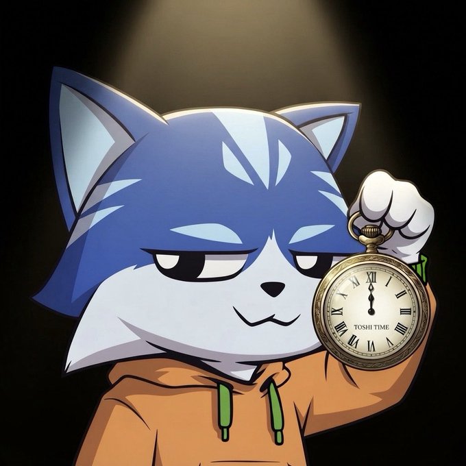 An anime-style cartoon of a blue and white cat character wearing an orange hoodie, holding up a pocket watch that reads 'TOSHI TIME' under a spotlight.