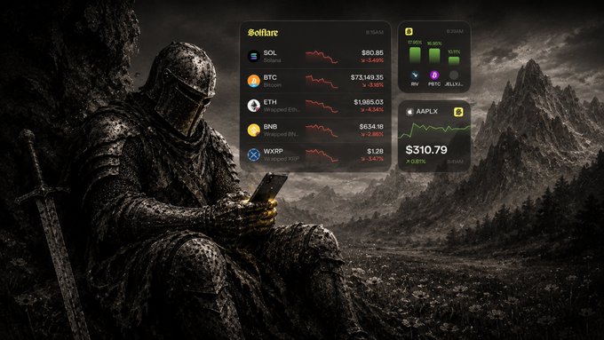 The image features a medieval knight sitting atop a cliff, holding a sword and looking at his cell phone. The background of the image depicts a mountainous landscape, which adds an element of adventure and danger to the scene. In the bottom right corner of the image, there is text that reads "@Solflare" followed by "real-time market sentiment for your favorite tickers directly in @solflare". This suggests that the knight might be using his cell phone to access real-time information about the stock market or other financial data.