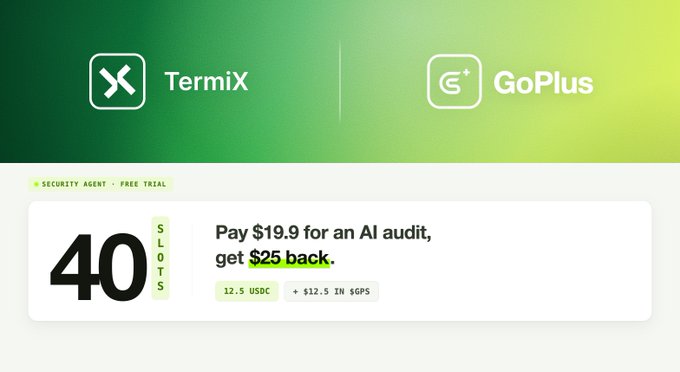 Promotional banner for TermiX and GoPlus showing '40 SLOTS' available for an AI audit at $19.9, with $25 back offer in USDC and GPS tokens.