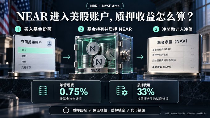 A Chinese-language infographic about NEAR cryptocurrency staking on 'NRR · NYSE Arca' explaining the three-step process of purchasing fund shares, staking NEAR, and calculating net asset value (NAV), with 0.75% annual management fee and 33% pledge fee noted.