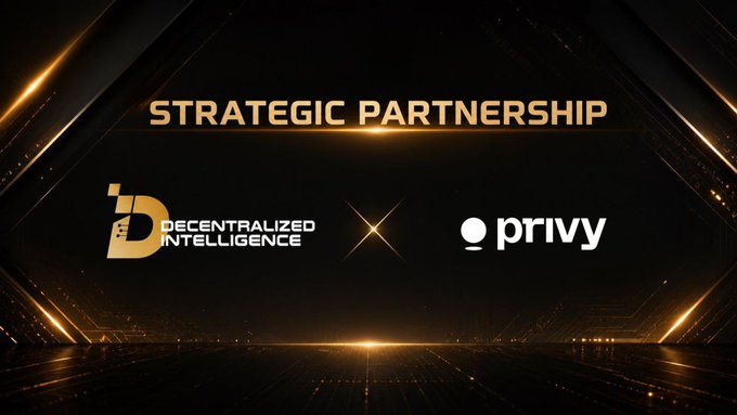 The image is a sleek promotional graphic announcing a "STRATEGIC PARTNERSHIP" between Decentralized Intelligence (DI) and Privy, featuring both company logos separated by a glowing "X" on a dark, futuristic background with gold accents. This visually reinforces the post's announcement of a collaboration aimed at improving onboarding within the DI ecosystem.
