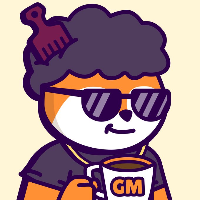 A cartoon mascot with an afro, sunglasses, and a comb, holding a mug labeled 'GM' - commonly associated with crypto 'Good Morning' culture.