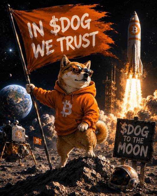 An AI-generated image showing a Shiba Inu dog wearing an orange Bitcoin hoodie and sunglasses, holding a flag that reads "IN $DOG WE TRUST" on a moon-like surface, with a rocket launch and a "$DOG TO THE MOON" sign in the background.