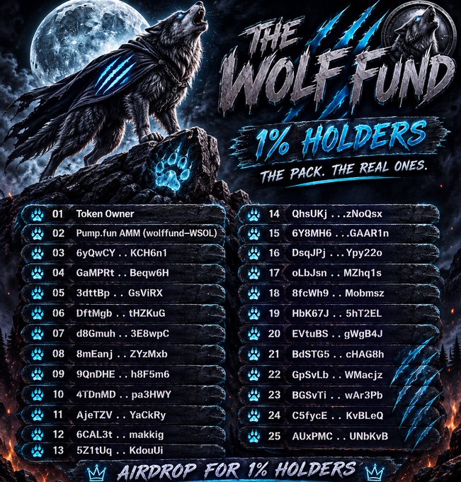 A graphic for 'THE WOLF FUND' featuring a wolf with claws under a full moon, listing '1% HOLDERS' wallet addresses with the tagline 'THE PACK. THE REAL ONES.' and 'AIRDROP FOR 1% HOLDERS'.