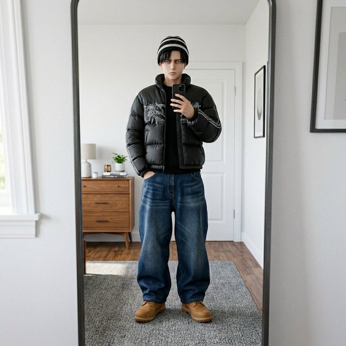A mirror selfie of a young man wearing a black puffer jacket with embroidered designs, a black and white striped beanie, loose-fitting blue jeans, and tan boots, standing in a room with a wooden dresser and framed wall art.