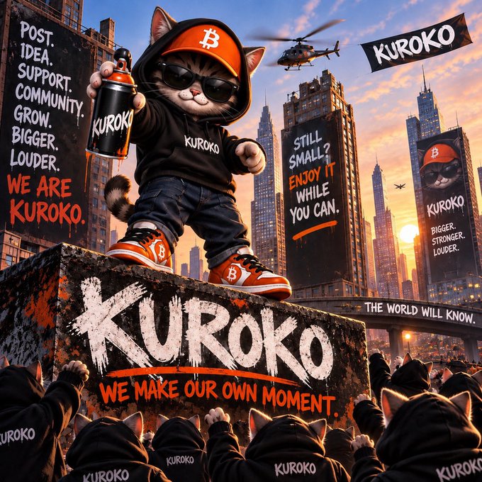 The image features a stylized cat character wearing a Bitcoin-themed cap, sunglasses, and KUROKO-branded streetwear, confidently spraying graffiti over a cityscape while crowds cheer below—capturing the bold, rebellious energy of the $KUROKO memecoin emerging within the Bitcoin/Runes ecosystem. Key text includes "KUROKO," "WE MAKE OUR OWN MOMENT," "STILL SMALL? ENJOY IT WHILE YOU CAN," and "BIGGER. STRONGER. LOUDER.," reinforcing the coin's grassroots hype.
