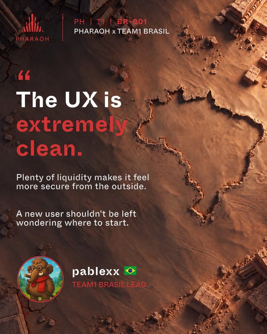 A promotional graphic from Pharaoh for 'PHARAOH x TEAM1 BRASIL' featuring a quote: 'The UX is extremely clean. Plenty of liquidity makes it feel more secure from the outside. A new user shouldn't be left wondering where to start.' by pablexx (Team 1 Brasil Lead).