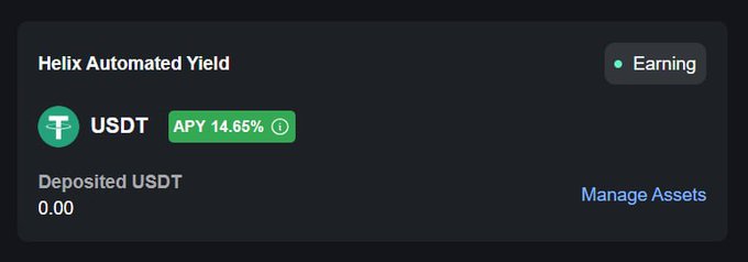 A screenshot showing a Helix Automated Yield dashboard for USDT with a 14.65% APY, currently earning status, and 0.00 deposited.