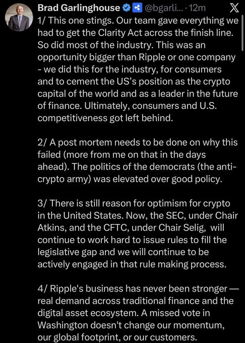 A tweet by Brad Garlinghouse (@bgarlinghouse) discussing the failed Clarity Act and its implications for crypto, Ripple, and U.S. competitiveness.
