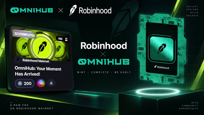 A promotional graphic for a collaboration between OMNIHUB and Robinhood, featuring the text 'OmniHub: Your Moment Has Arrived!' alongside a '2/2 COMPLETED' badge and a glowing green display of a Robinhood logo.