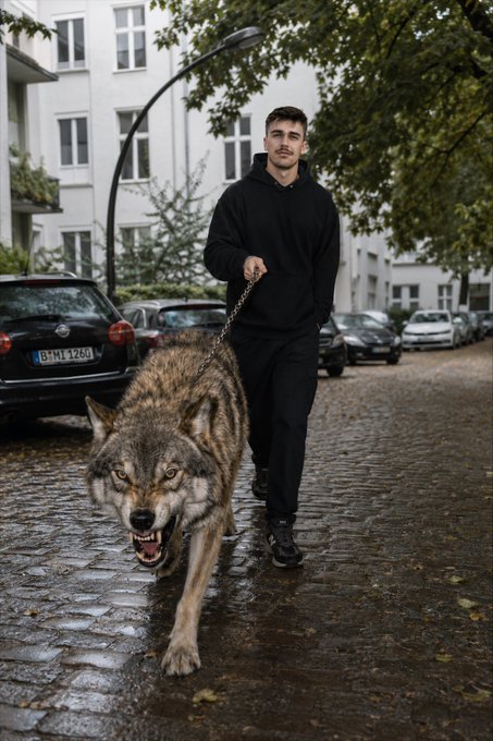 A young man in all-black clothing walks a large grey wolf on a chain leash down a wet cobblestone European street lined with parked cars and apartment buildings.