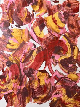 An abstract painting composed of energetic, swirling brushstrokes in warm shades of pink, red, yellow, and gold.