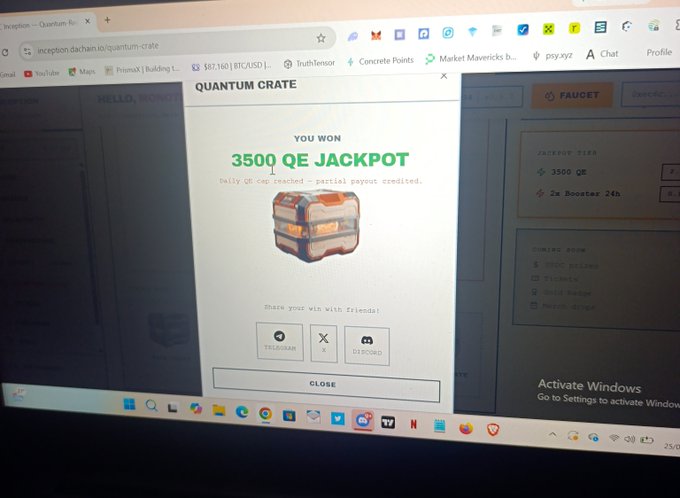 The image shows a screenshot of a "QUANTUM CRATE" pop-up on the Inception (DAC) dashboard announcing a "YOU WON 3500 QE JACKPOT" with a daily cap notice, confirming the user's claim of earning 3.5k QE points from the DAC Testnet airdrop. The achievement display includes an animated crate graphic and social sharing options for Telegram, X, and Discord.