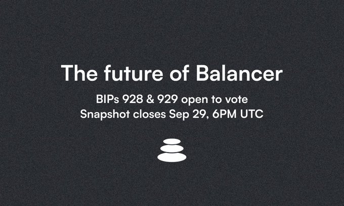 A dark gray slide with white text reading 'The future of Balancer', 'BIPs 928 & 929 open to vote', and 'Snapshot closes Sep 29, 6PM UTC', featuring a logo of stacked stones below.