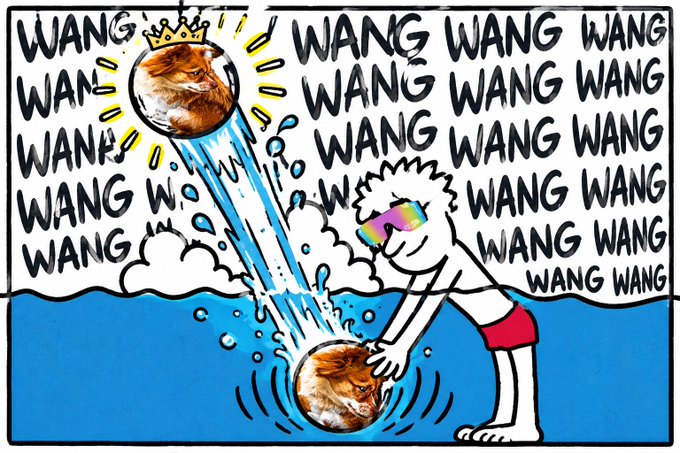 A cartoon shows a stick figure wearing rainbow sunglasses dropping a crowned dog-token (like a meme coin) into water, while the word "WANG" repeats across the background — likely illustrating a memecoin dump with the slang "king of the hill" being let go.