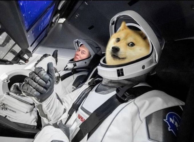A meme image showing two astronauts in a spacecraft, where the head of the astronaut on the right has been edited to be a Shiba Inu dog, looking surprised.