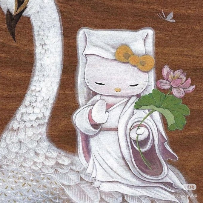 An illustration of Hello Kitty dressed in white traditional robes, sitting next to a white crane and holding a pink flower, signed "vuit_gore666" in the corner.