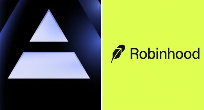 The image is split into two halves: on the left, an Axiom logo (a glowing white triangular prism design on a dark background), and on the right, the black "Robinhood" wordmark with its feather icon on a bright lime-green background. Together, the side-by-side branding visually announces that the Robinhood chain is now live on Axiom.