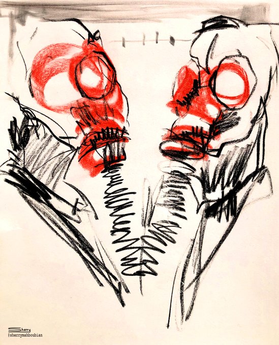 An expressive charcoal and red-toned sketch depicting two distorted screaming faces with bared teeth, signed "f.sherrymaloubiah" in the bottom left corner.