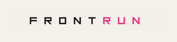 The image displays the "FRONTRUN" logo, with "FRONT" in black and "RUN" in pink. It appears as branding for the Frontrun mint collaboration with Doodles, as referenced in the accompanying post.
